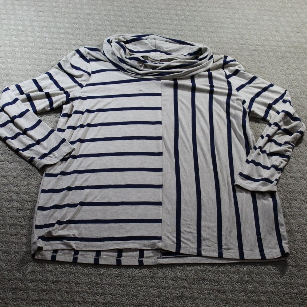 Chico's Size 12 Multi-directional Navy Blue and Taupe Striped Blouse